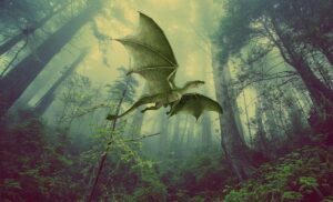 A green dragon flying through a verdant forest. Show and Tell.