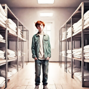 A teenage boy with a resigned and weary look on is face in a room full of cotton towels. The Cotton.